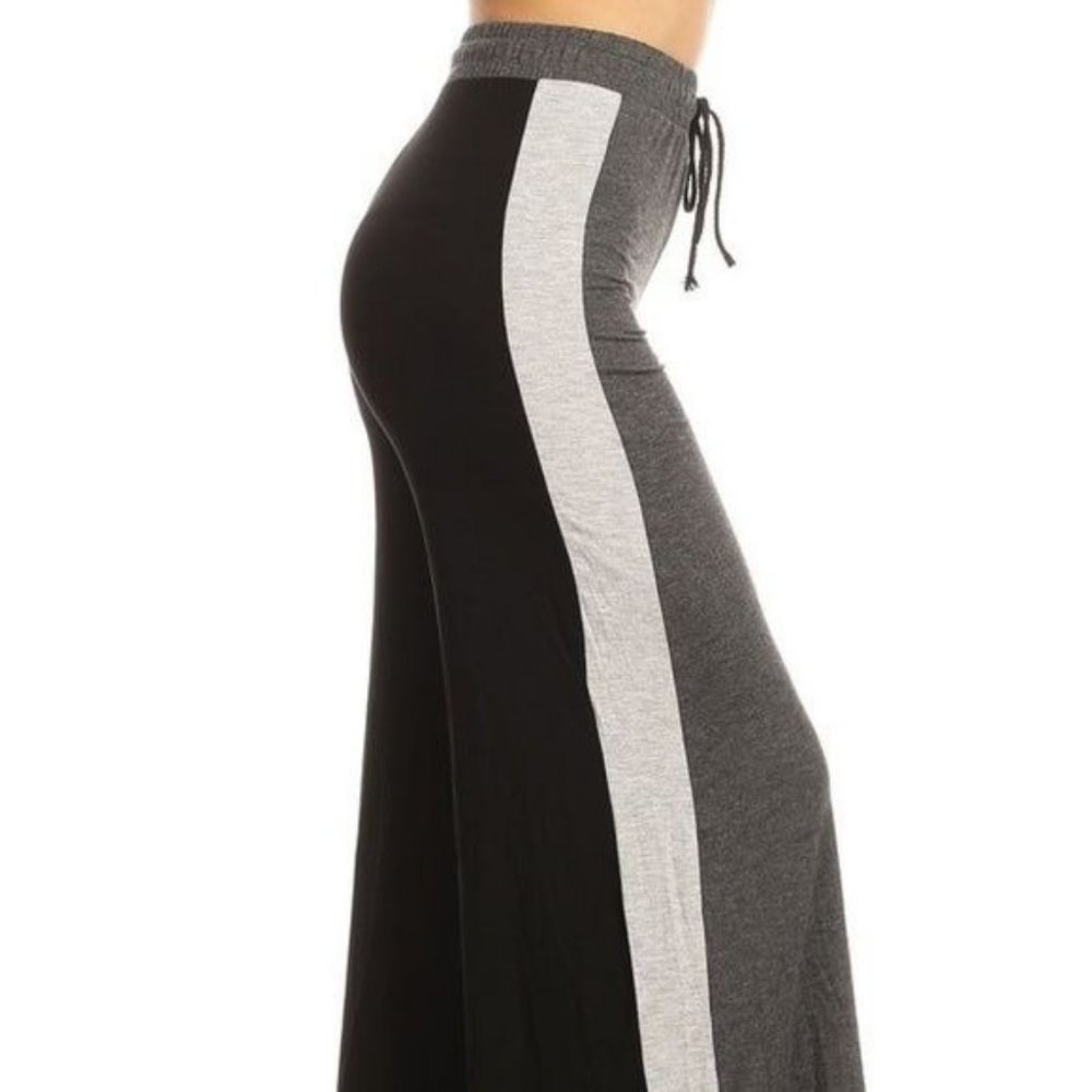 Miz Striped Palazzo: Gray Wide Leg Stretch Drawstring Pants w/ Black White - Picture 3 of 13